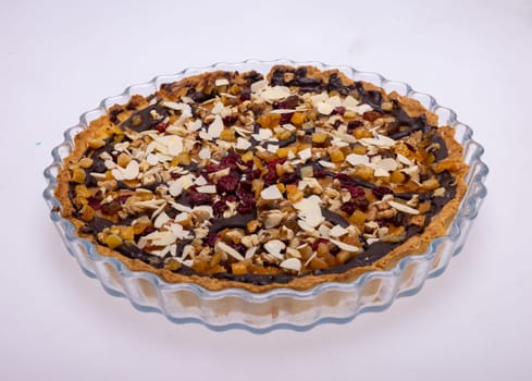 Homemade tart with chocolate and fruit