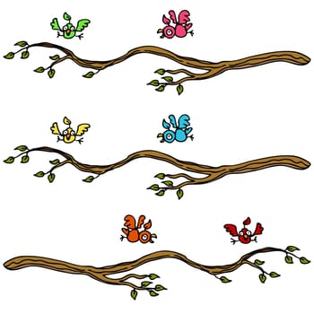 An image of birds landing on a branch set.