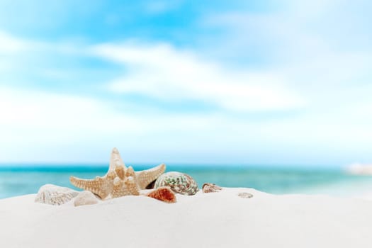 Vacation, beach, travel, relaxation concept. Symbolic background with beach sand, different colorful shells, blue sky, clouds, sea or ocean on back. Minimalism. Copy space for business advertisement