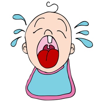 An image of a crying hungry baby with bib.