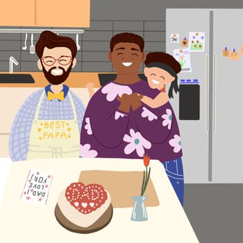 Father's day greeting card template. ready-to-print postcard layout. Portrait Of Loving Male Same Sex Couple Cuddling Baby son On kitchen Together. Banner layout.