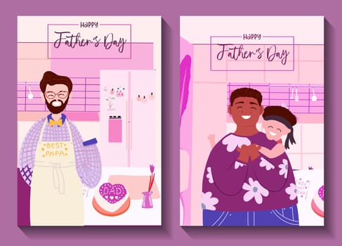 Father's day greeting card template. ready-to-print postcard layout. Portrait of a loving dad hugging his little son. Banner layout.