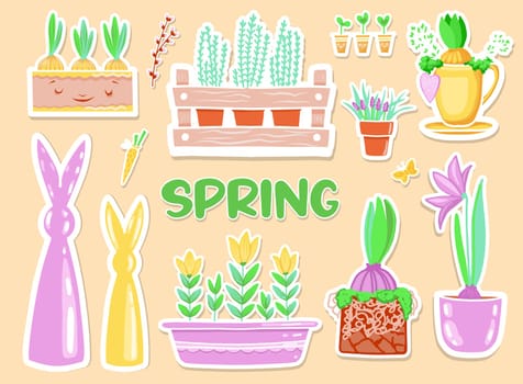 Springtime stickers, magnets collection with decorative floral and garden design. Growing plants.