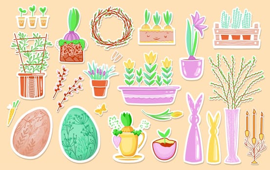 Springtime stickers, magnets collection with decorative floral and garden design. Growing plants.