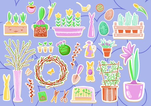 Springtime stickers, magnets collection with decorative floral and garden design. Growing plants.