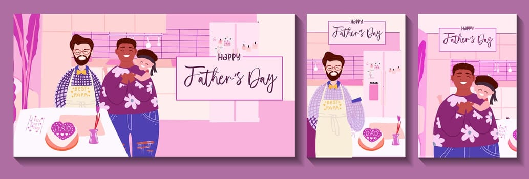 Father's day greeting card template. ready-to-print postcard layout. Portrait Of Loving Male Same Sex Couple Cuddling Baby son On kitchen Together. Banner layout.