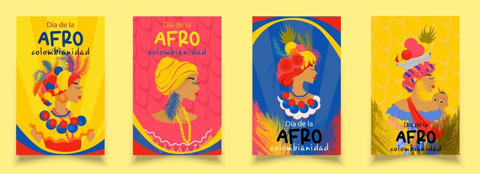 Afro-Colombian Day greeting banner set up in Colombia, colorful flyer In Spanish: Afro-Colombian Day. Colombian woman in folk dress with feathers and fruits on her head.