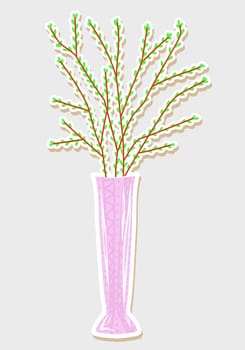 Willow branches in a vase. Easter composition. Tall vase with willow seals