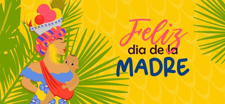 Colombian mothers day greeting banner template,bright mothers day flyer afrocolombian woman. In Spanish: Happy Mother's Day.