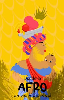 Afro-Colombian Day greeting banner set up in Colombia, colorful flyer In Spanish: Afro-Colombian Day. Colombian woman in folk dress with feathers and fruits on her head.