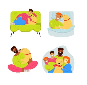 A set of stickers with a dog Family favorite Mixed family with a dog A man cuddles with a labrado