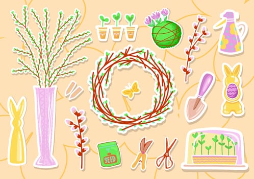 Springtime stickers, magnets collection with decorative floral and garden design. Growing plants.