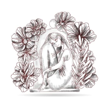 Vector illustration of philosophy, social phobia, female psychology. A woman hides under a glass dome. The concept of mental disorder, psychoanalysis and psychotherapy. Loneliness and self-isolation.