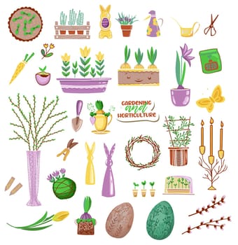 Separate elements of farming and horticulture.Gardener items and tools.Gardening.Easter clipart