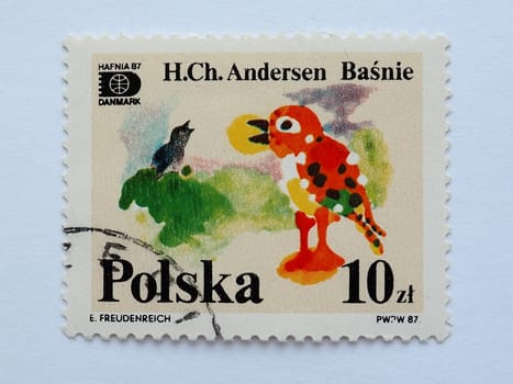 Petrozavodsk, Russia, July 26, 2021 Postage stamp Hans Christian Andersen Tales and fables 10 PLN with postmark E.Freudenreich PWPW 87 HAFNIA 87 Denmark Poland. Nightingale bird folk song.