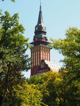Subotica, Serbia, September 12 2021 City Hall of Subotica szabadka in Hungarian Art Nouveau style, Vojvodina, the former territory of Austria-Hungary. People visit tourist attractions on a summer day.