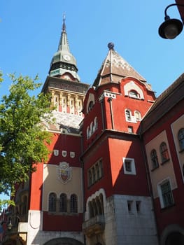 Subotica, Serbia, September 12 2021 City Hall of Subotica szabadka in Hungarian Art Nouveau style, Vojvodina, the former territory of Austria-Hungary. People visit tourist attractions on a summer day