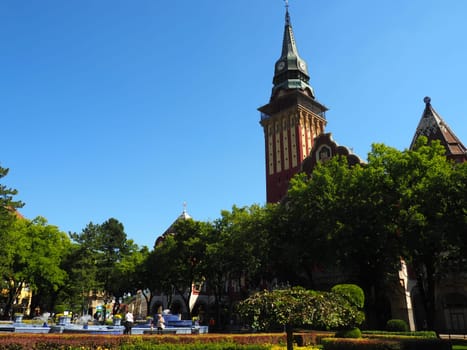 Subotica, Serbia, September 12, 2021 City Hall of Subotica szabadka in Hungarian Art Nouveau style, Vojvodina, the former territory of Austria-Hungary. People visit tourist attractions on a summer day