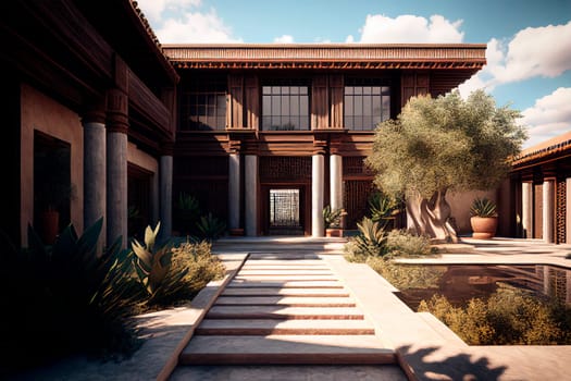 .Luxury modern villa with patio and pool area in front. Desert architecture design with minimal neutral aesthetic.