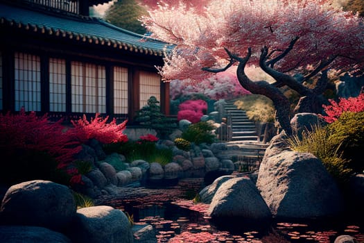 Asian garden with pagoda and sakura trees. Cherry blossom in park in spring season. Peaceful traditional japanese landscape