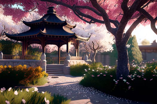 Asian garden with pagoda and sakura trees. Cherry blossom in park in spring season. Peaceful traditional japanese landscape.