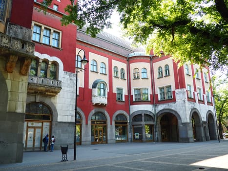 Subotica, Serbia, September 12 2021 City Hall of Subotica szabadka in Hungarian Art Nouveau style, Vojvodina, the former territory of Austria-Hungary. People visit tourist attractions on a summer day.