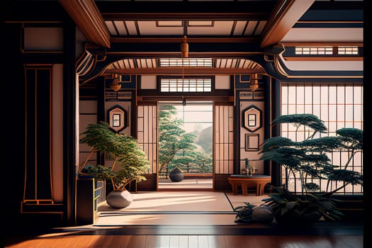 Minimal interior design in japanese style. Asian living room with open view to zen garden. Traditional asian architecture aesthetic.