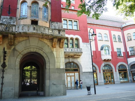 Subotica, Serbia, September 12 2021 City Hall of Subotica szabadka in Hungarian Art Nouveau style, Vojvodina, the former territory of Austria-Hungary. People visit tourist attractions on a summer day.