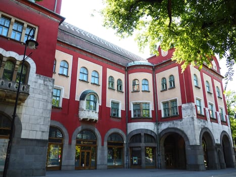 Subotica, Serbia, September 12 2021 City Hall of Subotica szabadka in Hungarian Art Nouveau style, Vojvodina, the former territory of Austria-Hungary. People visit tourist attractions on a summer day.