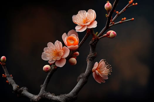 Closeup of spring blossom flower on dark bokeh background. Macro cherry blossom tree branch.