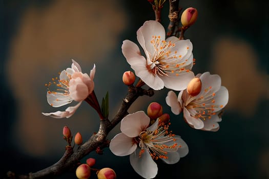 Closeup of spring apricot blossom flower on dark bokeh background..