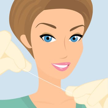 Friendly female dentist demonstrates floss. Contains EPS10 and high-resolution JPEG