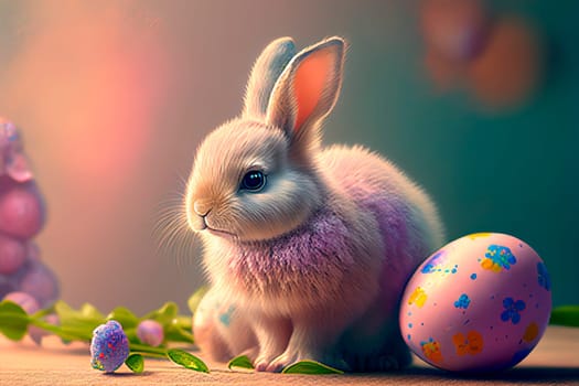 Cute easter bunny with colorful easter eggs..
