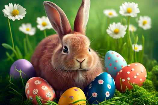 Cute easter bunny in grass and daisy flowers nest with colorful easter eggs..