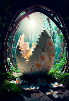 .Fantasy Easter scene with broken easter egg shell and flower daisy in dreamy surreal garden.