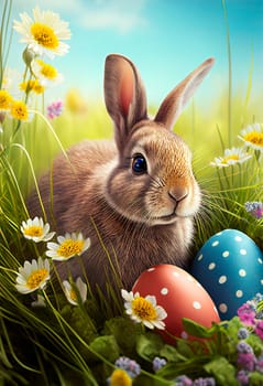 Cute easter bunny in grass and daisy flowers nest with colorful easter eggs.