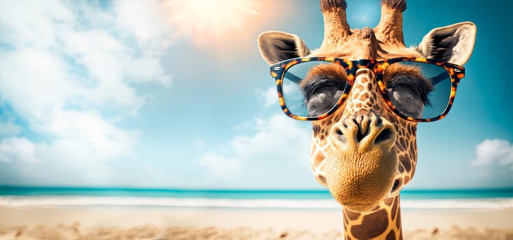 .Funny giraffe with sunglasses on the tropical beach. Travel background with silly animal on summer holiday.