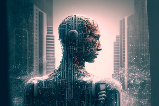 Artificial intelligence abstract concept. Ai robot humanoid and modern building background.