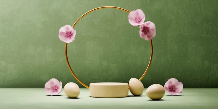 Easter eggs and wooden product podium stage on green background. Easter holiday showcase mockup with cherry blossom flowers.