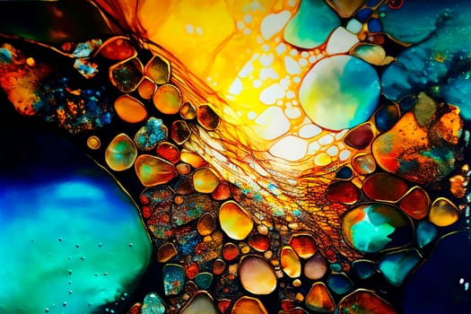 Abstract color paint background. Vibrant colorful ink drops, stain splatter wallpaper. Fine art oil paint texture design. Gold and blue.