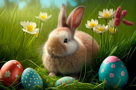 Cute easter bunny in grass and daisy flowers nest with colorful easter eggs..