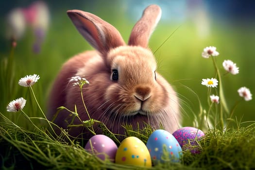 Cute easter bunny in grass and daisy flowers nest with colorful easter eggs..