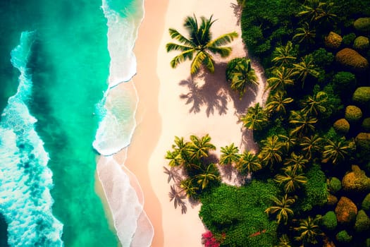 .Drone view of tropical sand beach with palm trees and sea waves landscape. Tropic island from above wallpaper background. Summer holiday travel concept.