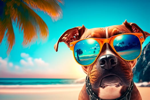 Happy dog with sunglasses on tropical sandy beach with palm trees. Summer holiday vacation on island resort.
