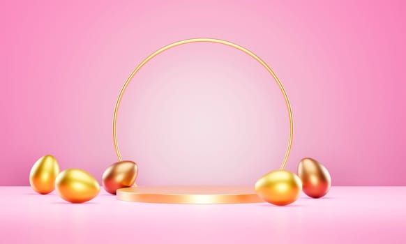 .Golden Easter eggs and product podium stage on pastel pink table. Easter holiday product showcase mockup. Luxury gold and bronze premium pedestal background. 3d render illustration