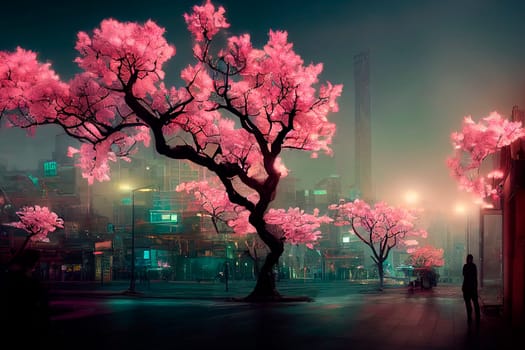 Futuristic city with neon lights and abstract sakura trees. Modern fantasy japanese cityscape background..