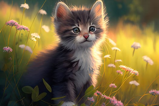 Cute little kitten in green meadow. Portrait of adorable kitty sitting in grass with sunlight.