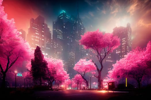 Futuristic city with neon lights and abstract sakura trees. Modern fantasy japanese cityscape background..