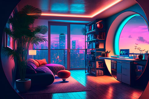 Futuristic interior room with open view in residential building. Modern cyberpunk apartment livingroom with neon lighting..