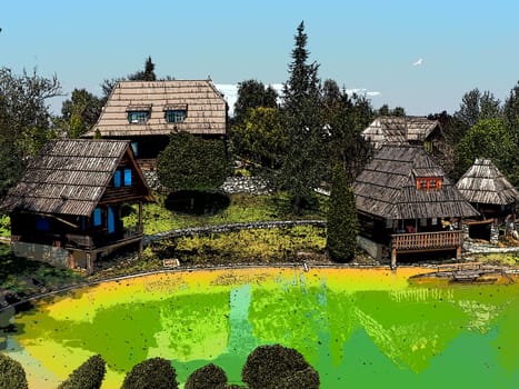 Stanisici, Bijelina, Bosnia and Herzegovina. April 25, 2021 Ethno-village, traditional village houses made of logs, Bosnian style of construction in the highlands. Lake with water. Wooden architecture